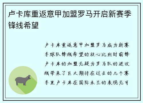 卢卡库重返意甲加盟罗马开启新赛季锋线希望